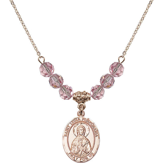 14kt Gold Filled Saint Lydia Purpuraria Birthstone Necklace with Light Rose Beads - 8411