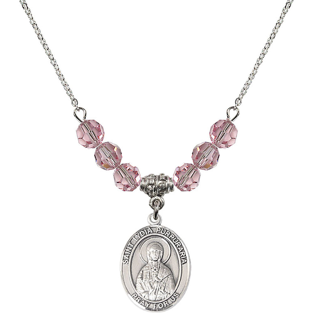 Sterling Silver Saint Lydia Purpuraria Birthstone Necklace with Light Rose Beads - 8411