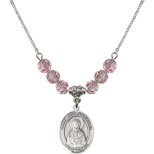 Sterling Silver Saint Lydia Purpuraria Birthstone Necklace with Light Rose Beads - 8411