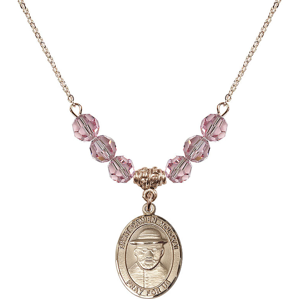 14kt Gold Filled Saint Damien of Molokai Birthstone Necklace with Light Rose Beads - 8412