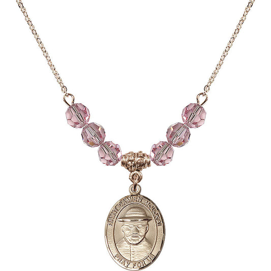 14kt Gold Filled Saint Damien of Molokai Birthstone Necklace with Light Rose Beads - 8412