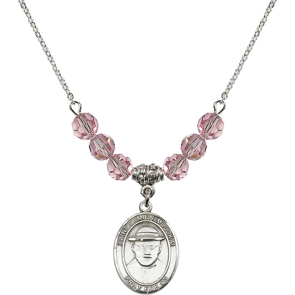Sterling Silver Saint Damien of Molokai Birthstone Necklace with Light Rose Beads - 8412