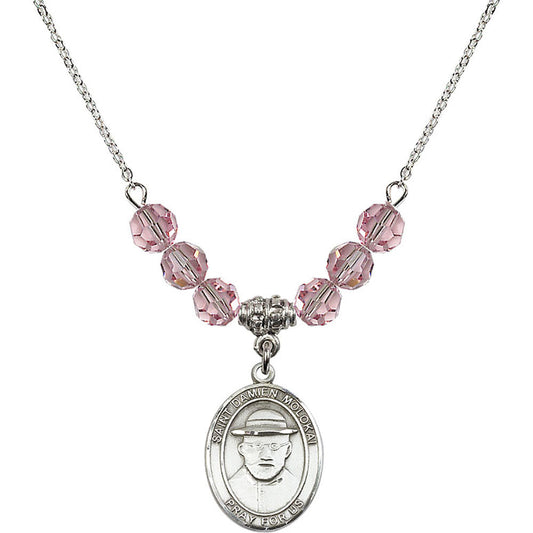 Sterling Silver Saint Damien of Molokai Birthstone Necklace with Light Rose Beads - 8412