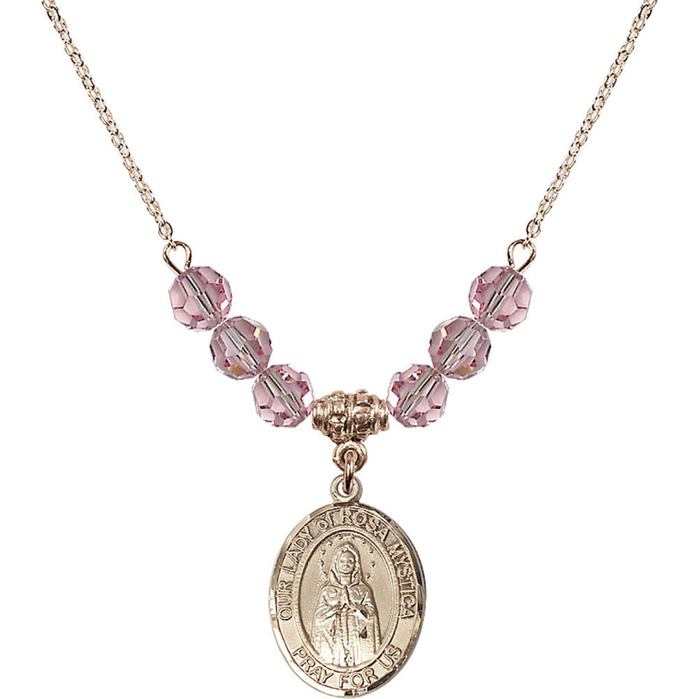 14kt Gold Filled Our Lady of Rosa Mystica Birthstone Necklace with Light Rose Beads - 8413