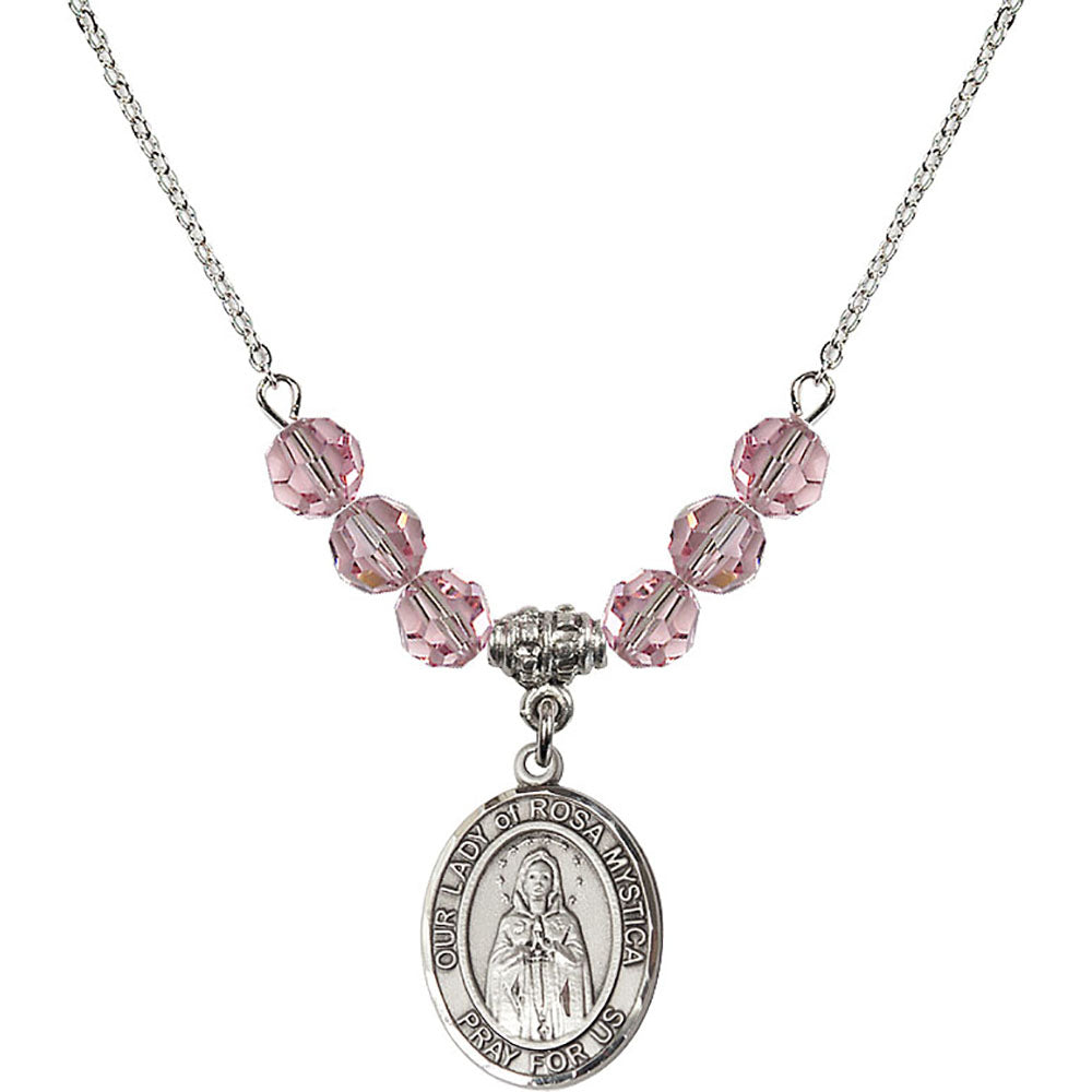 Sterling Silver Our Lady of Rosa Mystica Birthstone Necklace with Light Rose Beads - 8413