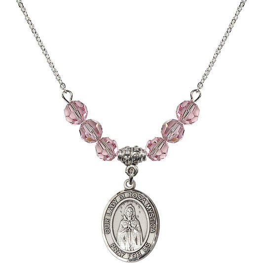 Sterling Silver Our Lady of Rosa Mystica Birthstone Necklace with Light Rose Beads - 8413