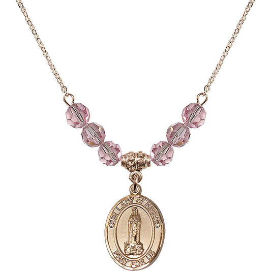 14kt Gold Filled Our Lady of Kibeho Birthstone Necklace with Light Rose Beads - 8414