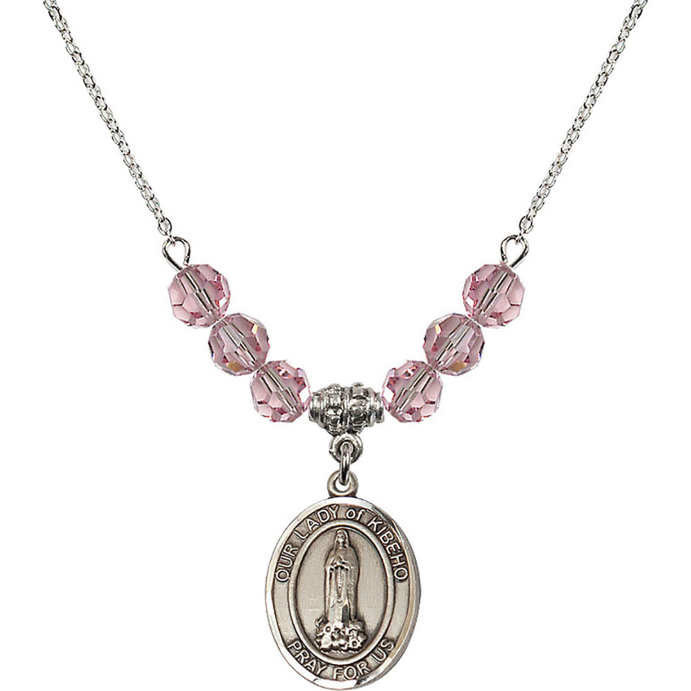 Sterling Silver Our Lady of Kibeho Birthstone Necklace with Light Rose Beads - 8414