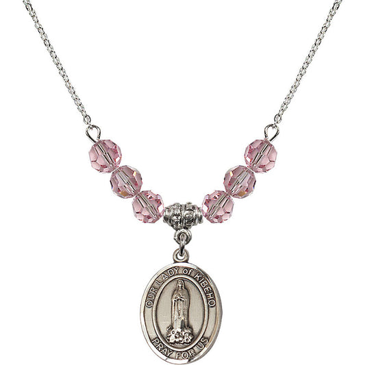 Sterling Silver Our Lady of Kibeho Birthstone Necklace with Light Rose Beads - 8414