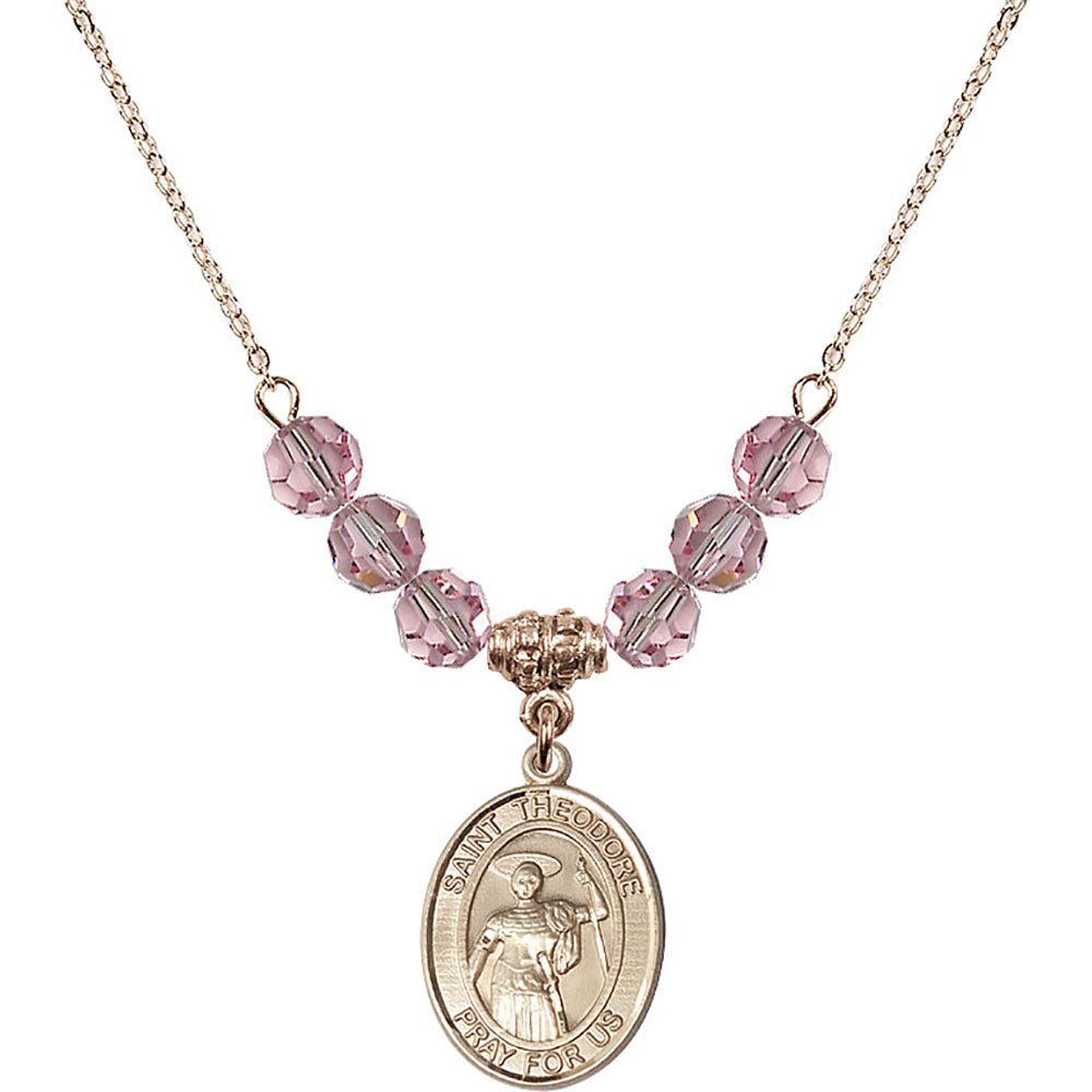 14kt Gold Filled Saint Theodore Stratelates Birthstone Necklace with Light Rose Beads - 8415