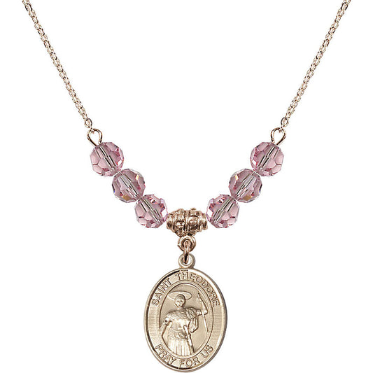 14kt Gold Filled Saint Theodore Stratelates Birthstone Necklace with Light Rose Beads - 8415