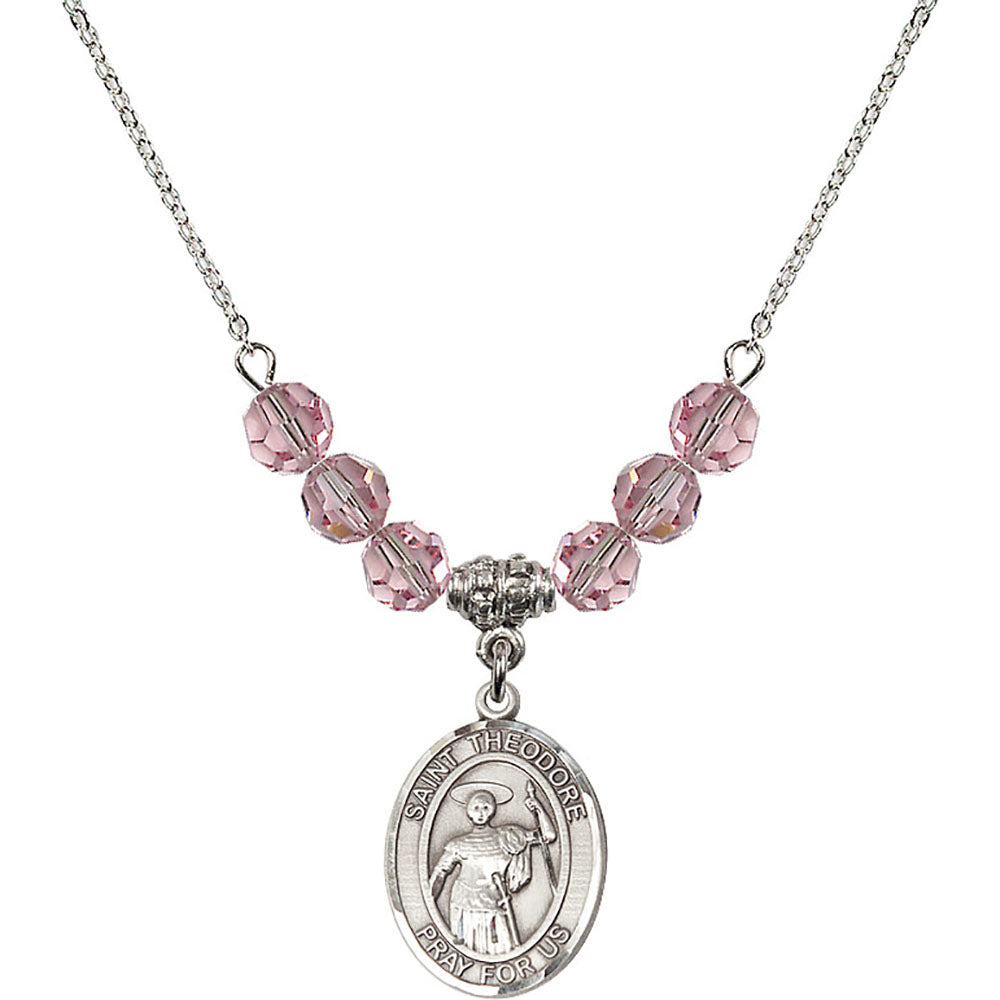 Sterling Silver Saint Theodore Stratelates Birthstone Necklace with Light Rose Beads - 8415