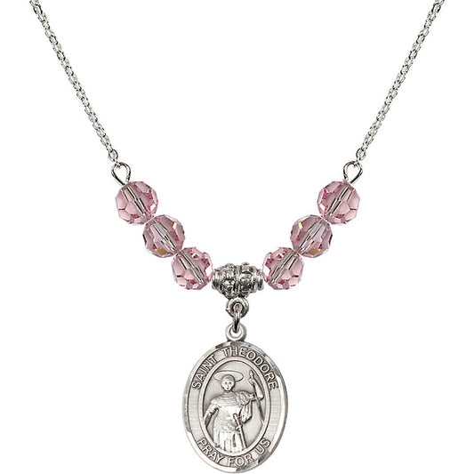 Sterling Silver Saint Theodore Stratelates Birthstone Necklace with Light Rose Beads - 8415