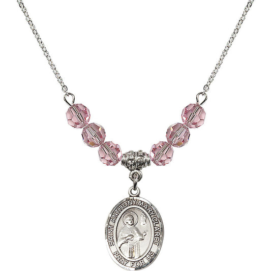 Sterling Silver Saint Anthony Mary Claret Birthstone Necklace with Light Rose Beads - 8416