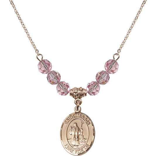 14kt Gold Filled Saint Maron Birthstone Necklace with Light Rose Beads - 8417