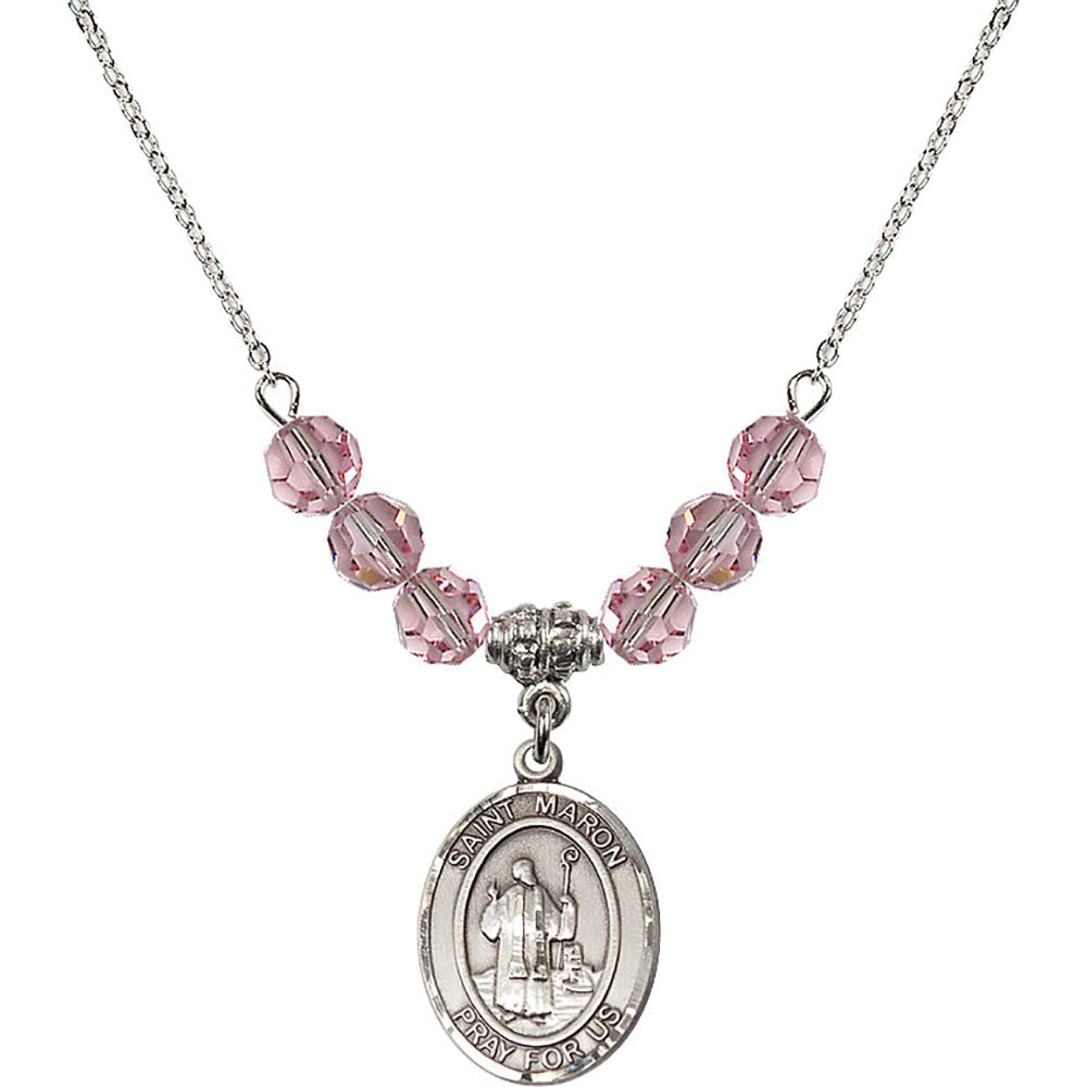 Sterling Silver Saint Maron Birthstone Necklace with Light Rose Beads - 8417