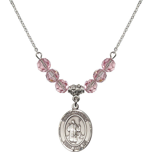 Sterling Silver Saint Maron Birthstone Necklace with Light Rose Beads - 8417