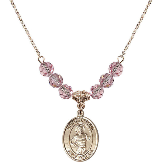 14kt Gold Filled Saint Dismas Birthstone Necklace with Light Rose Beads - 8418