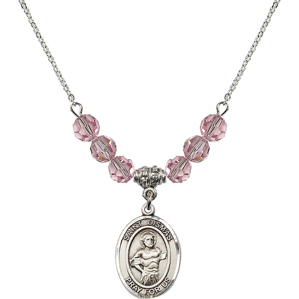 Sterling Silver Saint Dismas Birthstone Necklace with Light Rose Beads - 8418