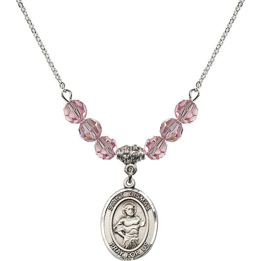 Sterling Silver Saint Dismas Birthstone Necklace with Light Rose Beads - 8418