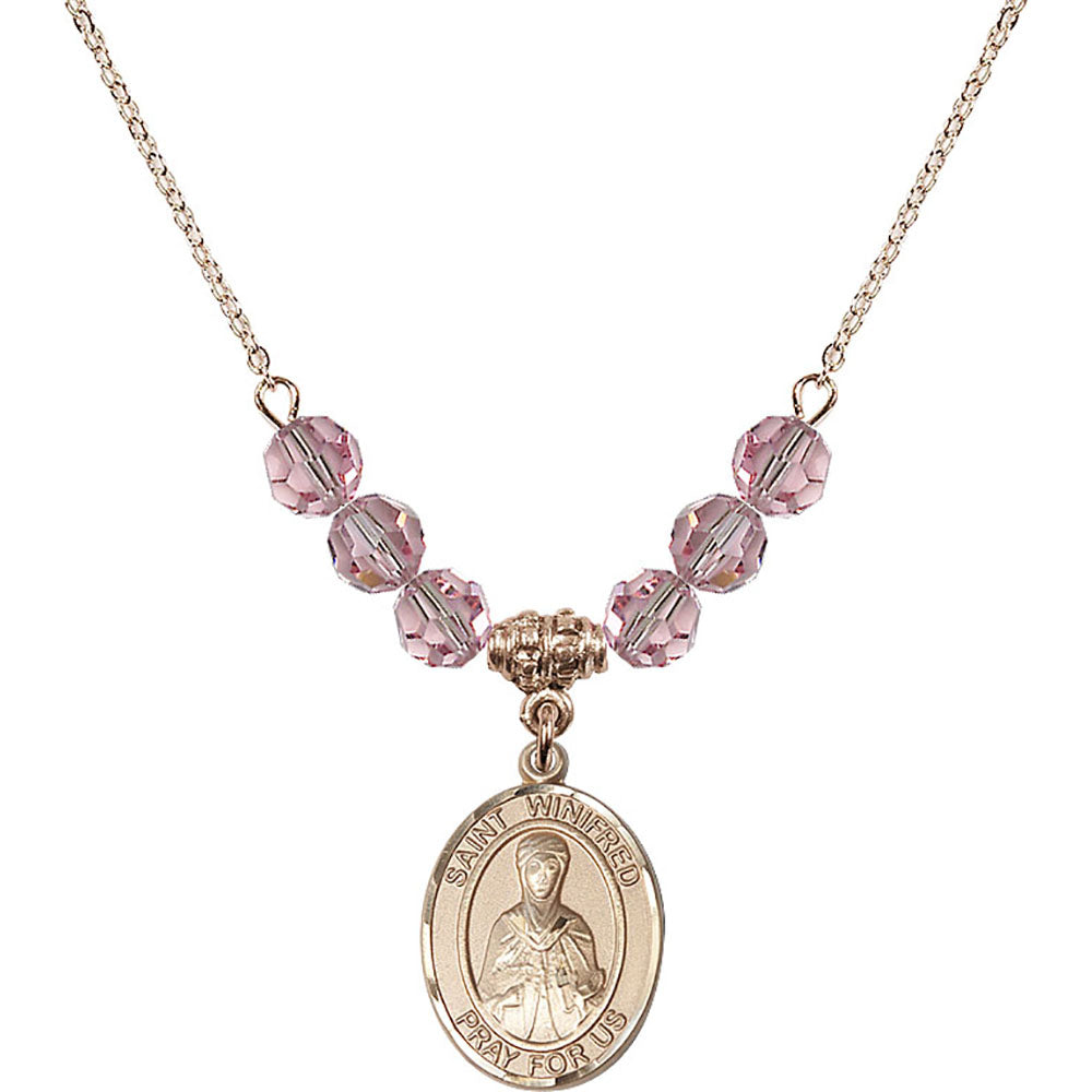 14kt Gold Filled Saint Winifred of Wales Birthstone Necklace with Light Rose Beads - 8419