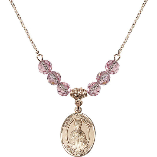 14kt Gold Filled Saint Winifred of Wales Birthstone Necklace with Light Rose Beads - 8419