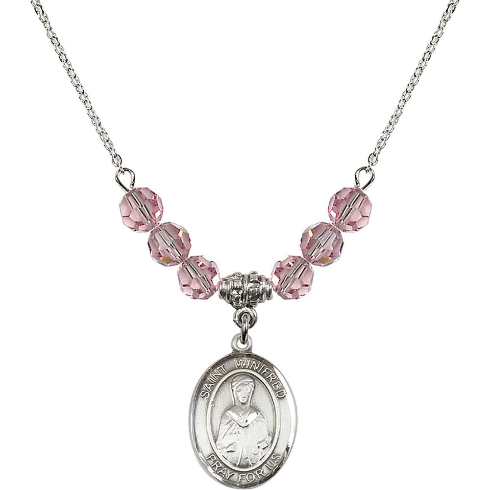 Sterling Silver Saint Winifred of Wales Birthstone Necklace with Light Rose Beads - 8419