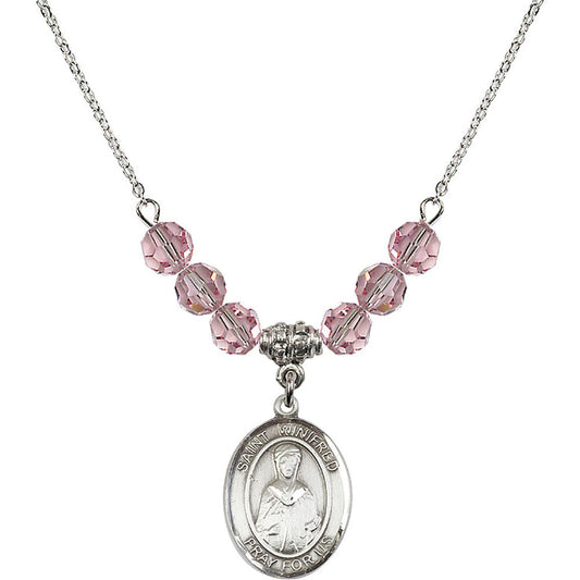 Sterling Silver Saint Winifred of Wales Birthstone Necklace with Light Rose Beads - 8419