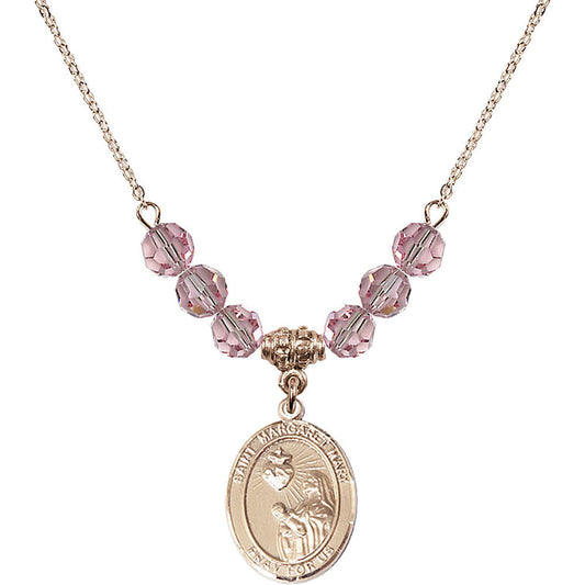 14kt Gold Filled Saint Margaret Mary Alacoque Birthstone Necklace with Light Rose Beads - 8420