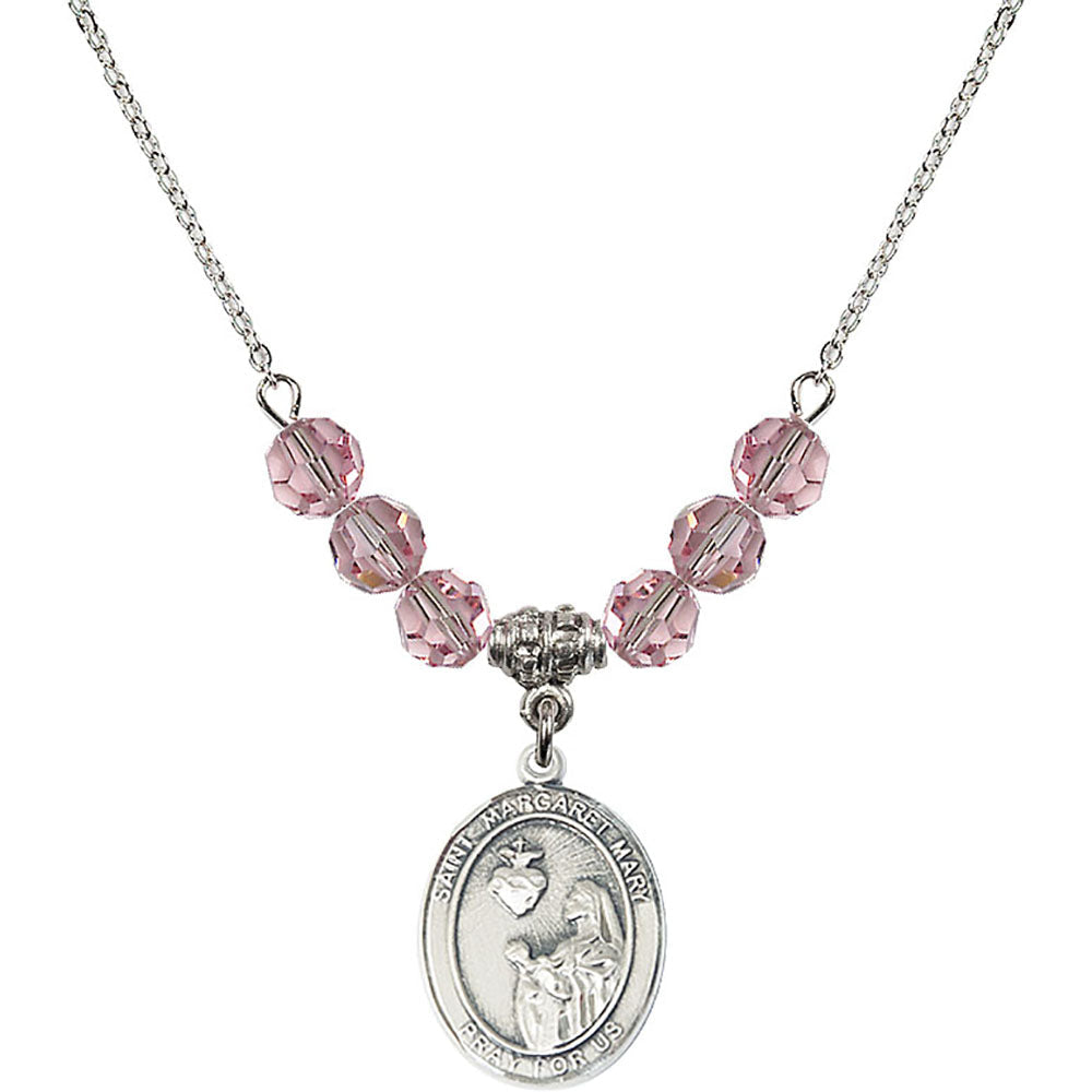 Sterling Silver Saint Margaret Mary Alacoque Birthstone Necklace with Light Rose Beads - 8420
