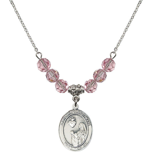 Sterling Silver Saint Margaret Mary Alacoque Birthstone Necklace with Light Rose Beads - 8420