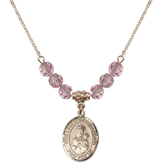 14kt Gold Filled Our Lady of Czestochowa Birthstone Necklace with Light Rose Beads - 8421