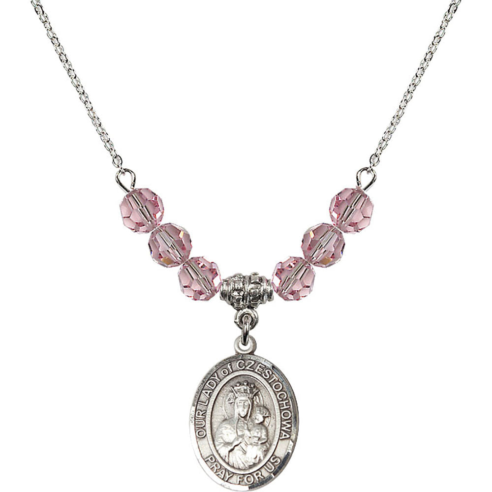Sterling Silver Our Lady of Czestochowa Birthstone Necklace with Light Rose Beads - 8421