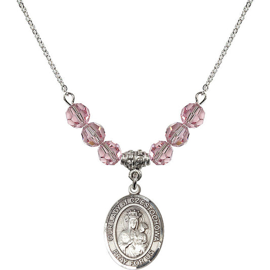 Sterling Silver Our Lady of Czestochowa Birthstone Necklace with Light Rose Beads - 8421