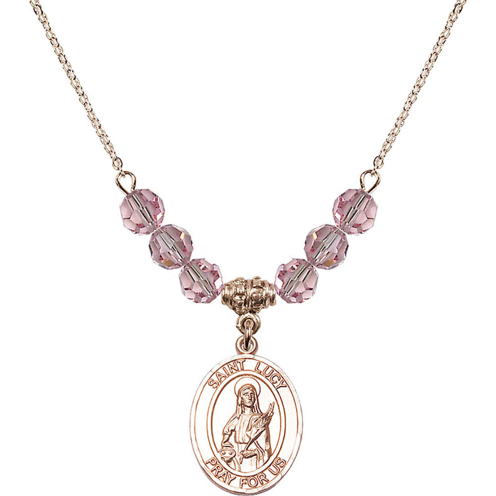 14kt Gold Filled Saint Lucy Birthstone Necklace with Light Rose Beads - 8422