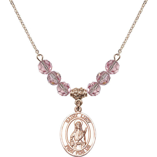 14kt Gold Filled Saint Lucy Birthstone Necklace with Light Rose Beads - 8422