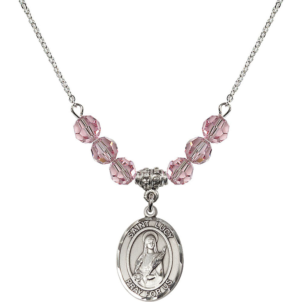 Sterling Silver Saint Lucy Birthstone Necklace with Light Rose Beads - 8422