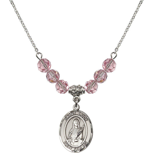 Sterling Silver Saint Lucy Birthstone Necklace with Light Rose Beads - 8422