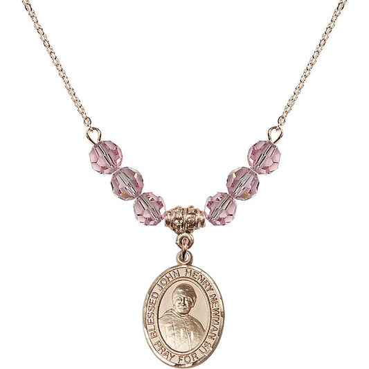 14kt Gold Filled Blessed John Henry Newman Birthstone Necklace with Light Rose Beads - 8423