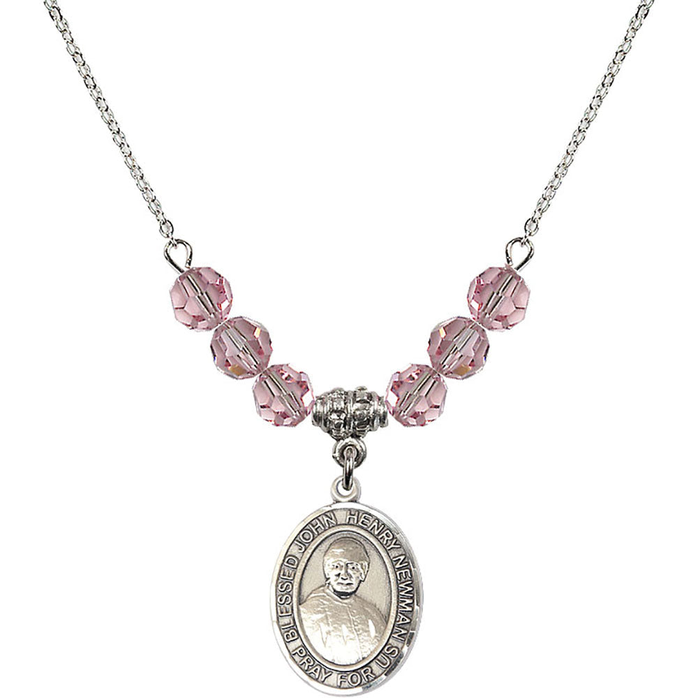Sterling Silver Blessed John Henry Newman Birthstone Necklace with Light Rose Beads - 8423