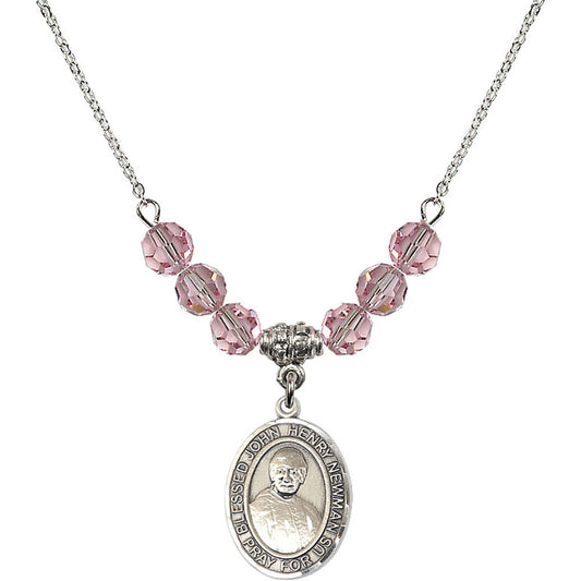 Sterling Silver Blessed John Henry Newman Birthstone Necklace with Light Rose Beads - 8423