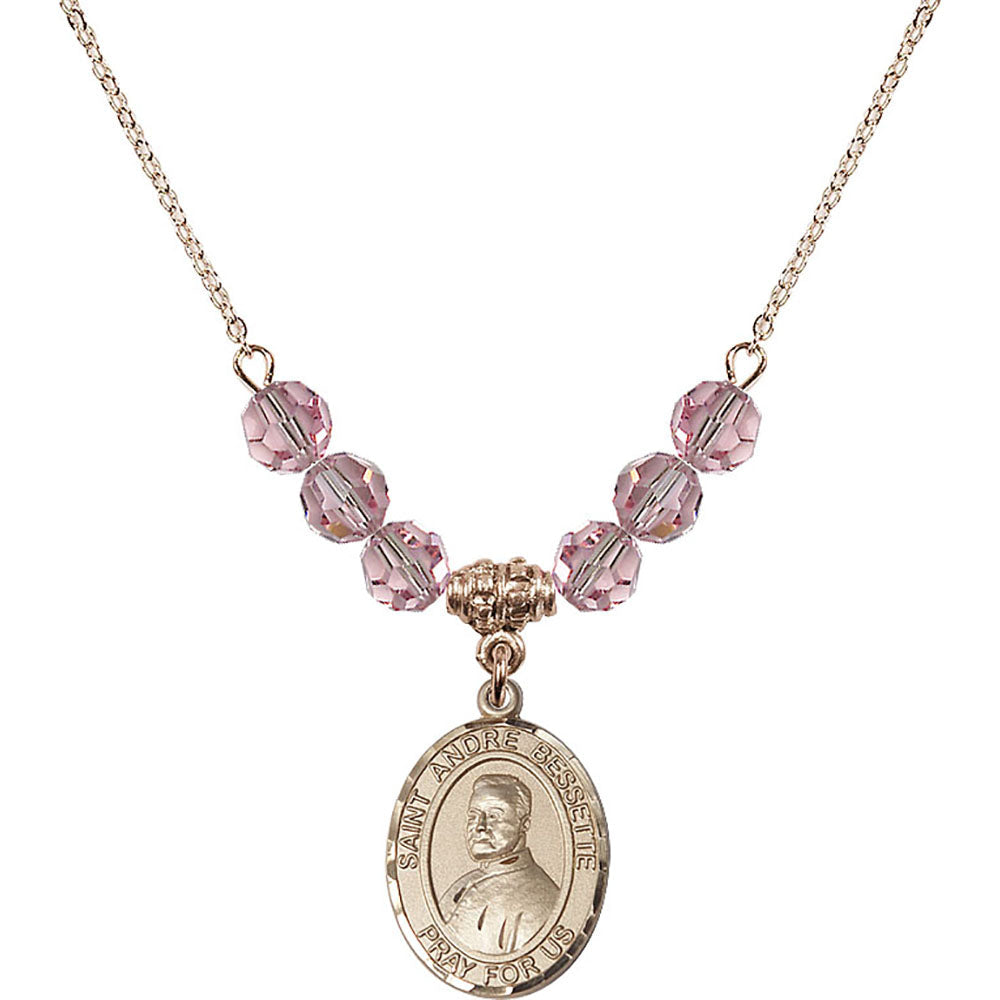 14kt Gold Filled Saint Andre Bessette Birthstone Necklace with Light Rose Beads - 8424