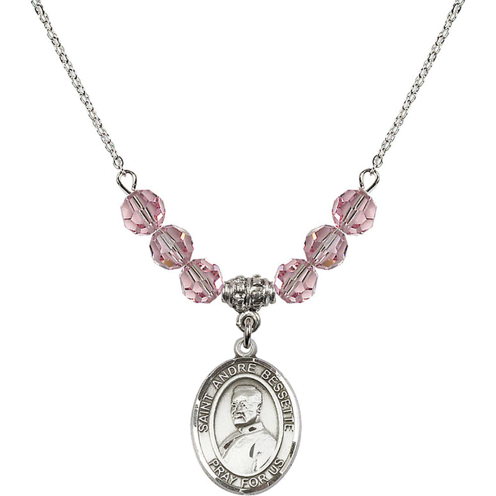 Sterling Silver Saint Andre Bessette Birthstone Necklace with Light Rose Beads - 8424