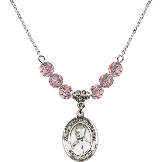 Sterling Silver Saint Andre Bessette Birthstone Necklace with Light Rose Beads - 8424