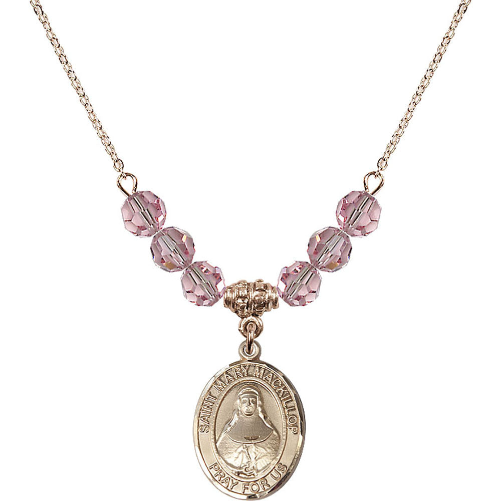 14kt Gold Filled Saint Mary Mackillop Birthstone Necklace with Light Rose Beads - 8425