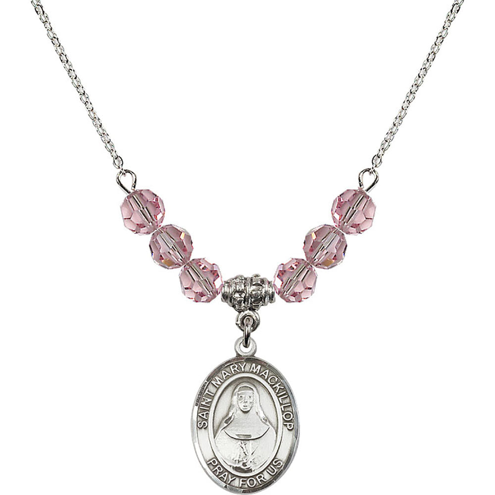 Sterling Silver Saint Mary Mackillop Birthstone Necklace with Light Rose Beads - 8425