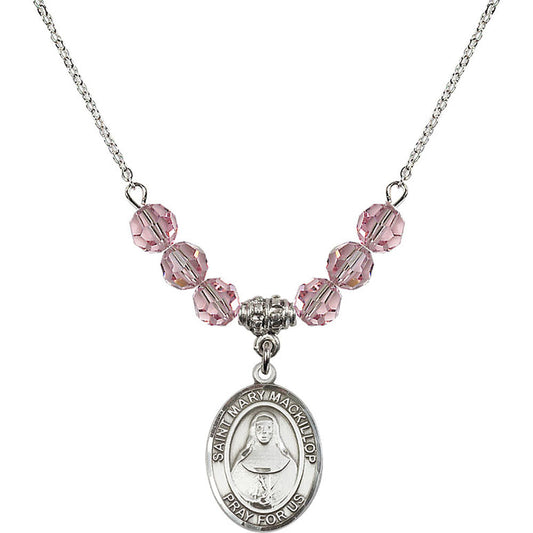 Sterling Silver Saint Mary Mackillop Birthstone Necklace with Light Rose Beads - 8425