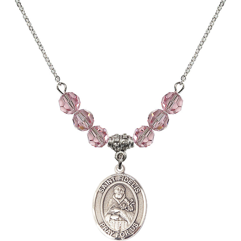 Sterling Silver Saint Fidelis Birthstone Necklace with Light Rose Beads - 8426