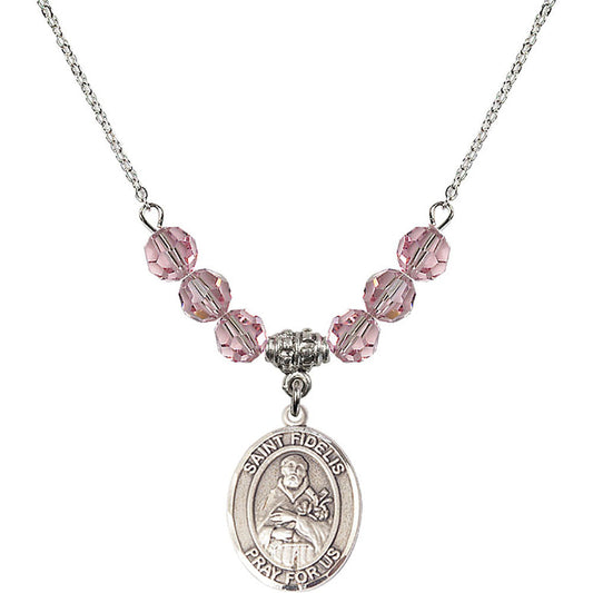 Sterling Silver Saint Fidelis Birthstone Necklace with Light Rose Beads - 8426
