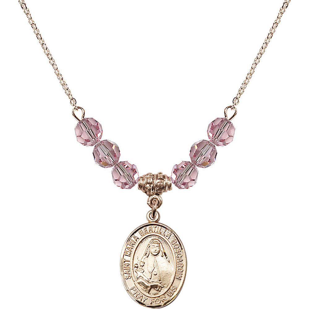 14kt Gold Filled Saint Maria Bertilla Boscardin Birthstone Necklace with Light Rose Beads - 8428